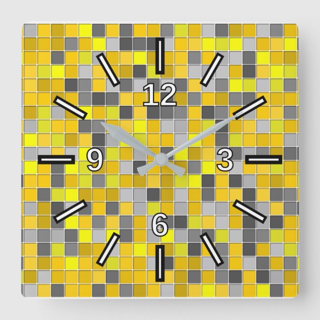Horloge Carrée Jaunes et motif de carrés carrelé par gris (Recto)