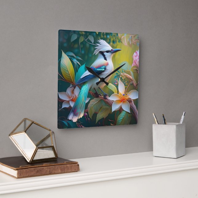 Horloge Carrée Jay à ailes Turquoises en berceau (Bureau)