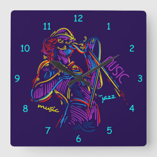 Horloge Carrée Jazz Music Abstract Neon Drawing