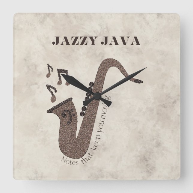 Horloge Carrée Jazzy Java-Grains de Café-Saxophone- (Recto)