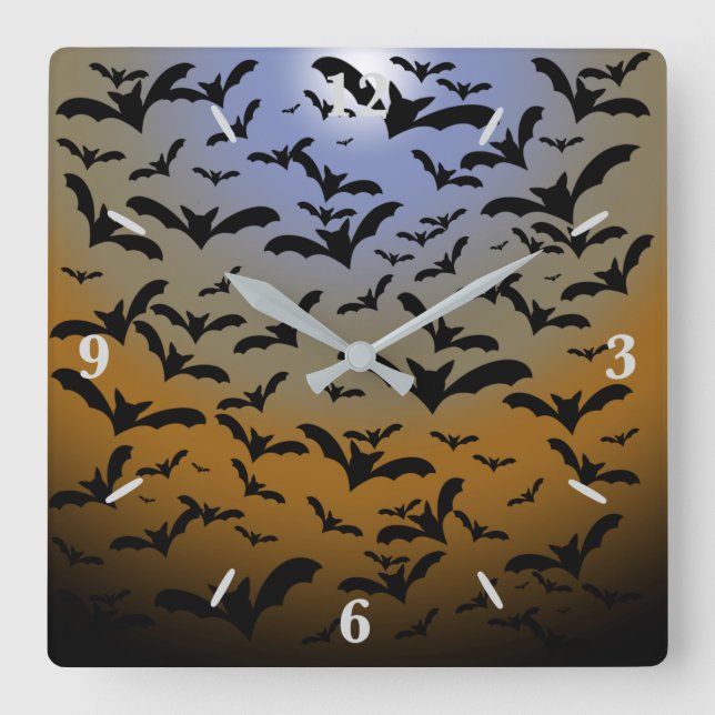 Horloge Carrée Je suis partie Batty pour les chauves-souris noire (Recto)