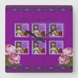 Horloge Carrée Je T’aime Purple Romantique Fille Collage Vintage
