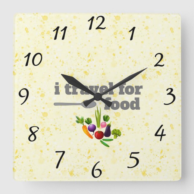 Horloge Carrée Je voyage pour la nourriture Wall Clock (Recto)
