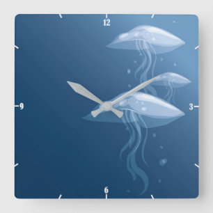 Horloge Carrée Jellyfish Ocean Sea Life - Blue Underwater Custom
