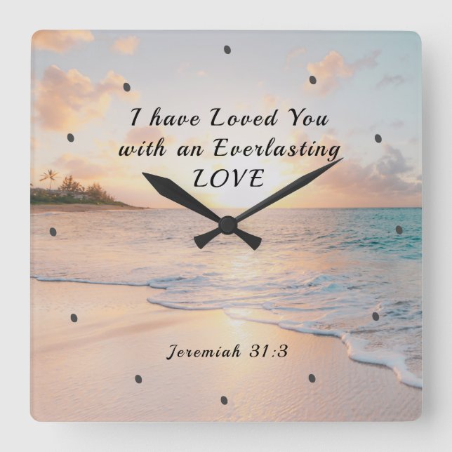 Horloge Carrée Jérémie 31:3 Je vous ai aimés Bible Ocean Sunset (Recto)
