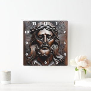 Horloge Carrée Jésus Christ Soulagement sculpté Avec Arrière - pl