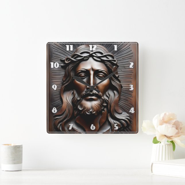 Horloge Carrée Jésus Christ Soulagement sculpté Avec Arrière - pl (Maison)