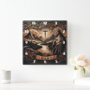 Horloge Carrée Jésus et Marie au bord d'une rivière avec des mont