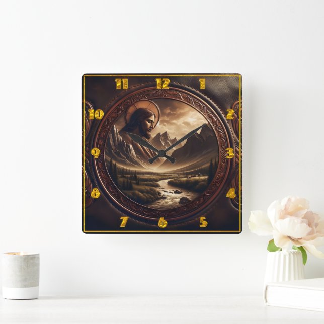 Horloge Carrée Jesus in Majestic Mountain Paysage à Dusk (Maison)