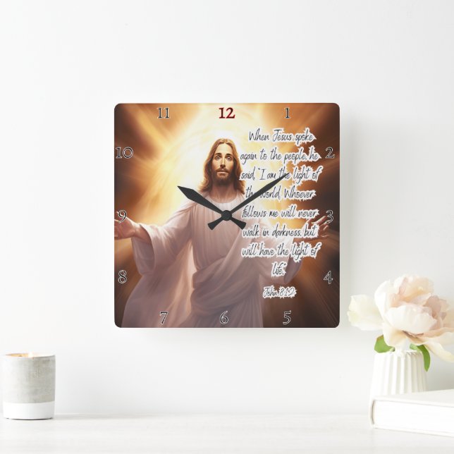 Horloge Carrée Jésus : Lumière, Monde, Vie Éternelle (Maison)