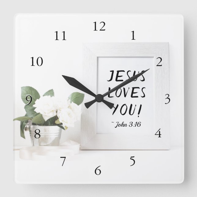 Horloge Carrée Jésus T'Aime ! John 3:16, Écriture de référence (Recto)