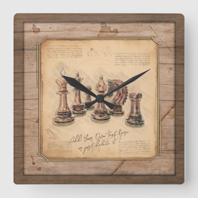 Horloge Carrée Jeu d'échecs sur Grunge Joueur en bois (Recto)