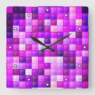 Horloge Carrée Jeu vidéo Pixels Carré rose Motif avec points