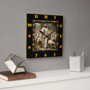 Horloge Carrée John 10:7 Golden Shepherd Loving Scene