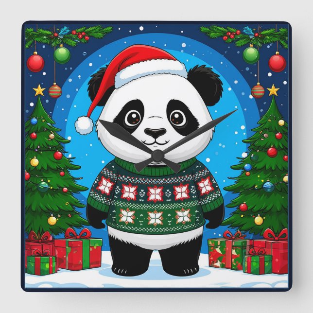 Horloge Carrée 🎄 Joie de Noël Panda à la Maison (Recto)