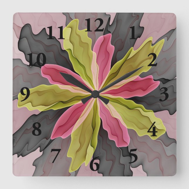 Horloge Carrée Joie, fractale anthracite verte de fleur (Recto)