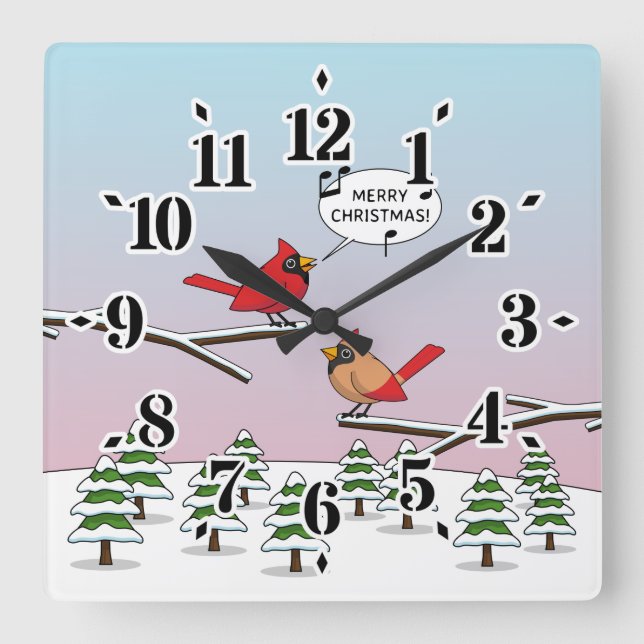Horloge Carrée Joli Cardinal Rouge chanter Joyeux Noël (Recto)