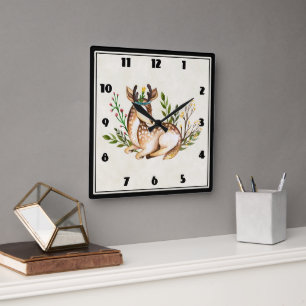 Horloge Carrée Joli Cerf Aquarellé Posé En Bas Boho