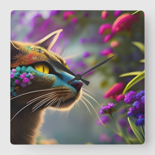 Horloge Carrée Joli chat à fleurs d'Imaginaire