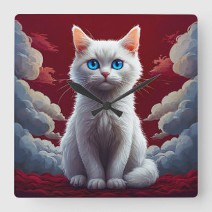Horloge Carrée Joli Chat Blanc