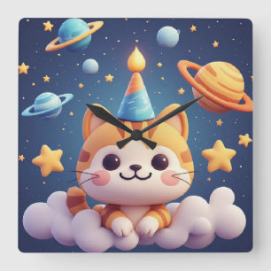Horloge Carrée Joli chat de dessin animé sur un nuage avec un cha