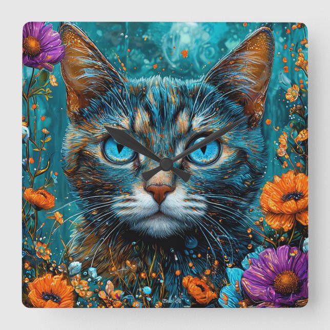 Horloge Carrée Joli Chat Floral (Recto)