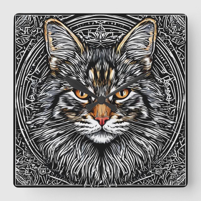Horloge Carrée Joli chat Maine Coon (Recto)