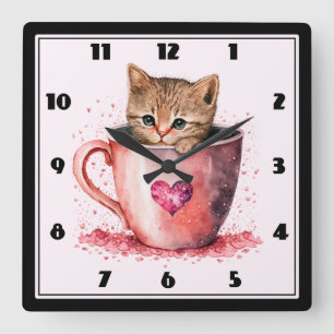 Horloge Carrée Joli Chatons dans une Tasse à Thé avec des Cœurs