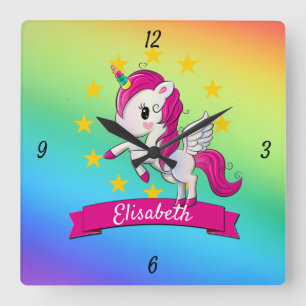 Horloge Carrée Joli couleur Magique Unicorne Nom des enfants