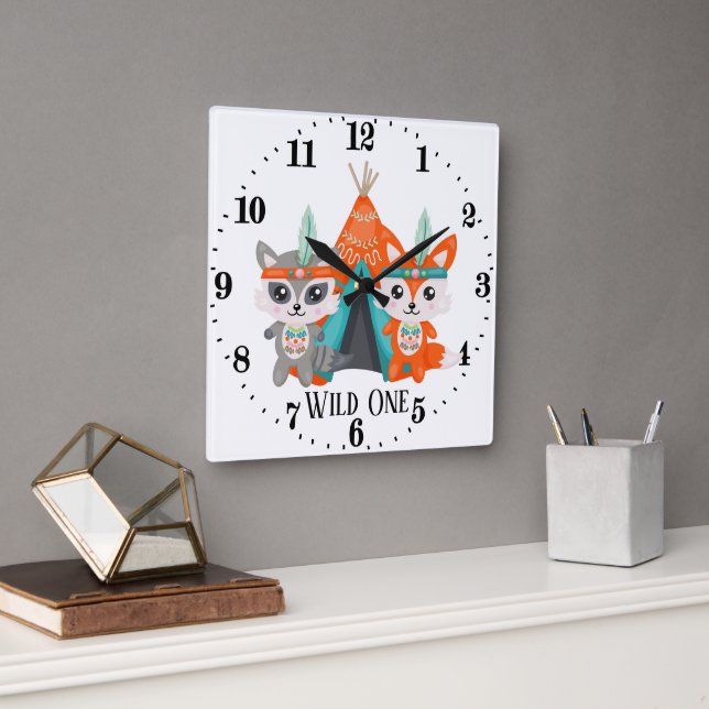 Horloge Carrée Joli décor de chambre sauvage d'un raccoon renard (Bureau)
