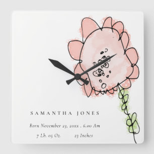 Horloge Carrée Joli Enfant Levé Blush Peach Flower Birth Stat 