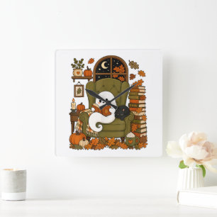 Horloge Carrée Joli Fantôme Livre Lecture Chat Noir Automne Citro