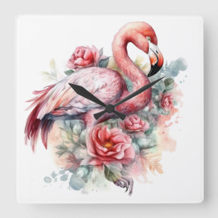 HORLOGE CARRÉE JOLI FLAMANT ROSE À L'AQUARELLE AVEC DES FLEURS