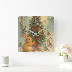 Horloge Carrée Joli lapin de forêt de Noël cosy festif hivernal 