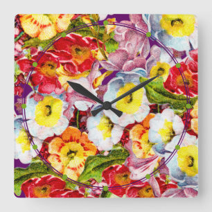 Horloge Carrée Joli motif floral vintage, teinte sarcelle, primev