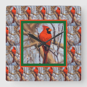 Horloge Carrée Joli oiseau cardinal rouge en hiver