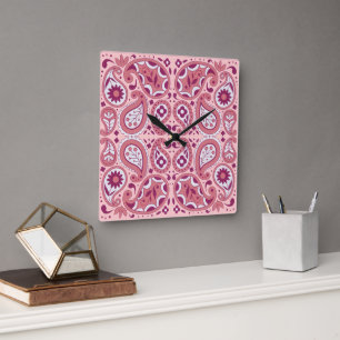 Horloge Carrée Joli Paisley Design Fleurs Tear Drops Pink