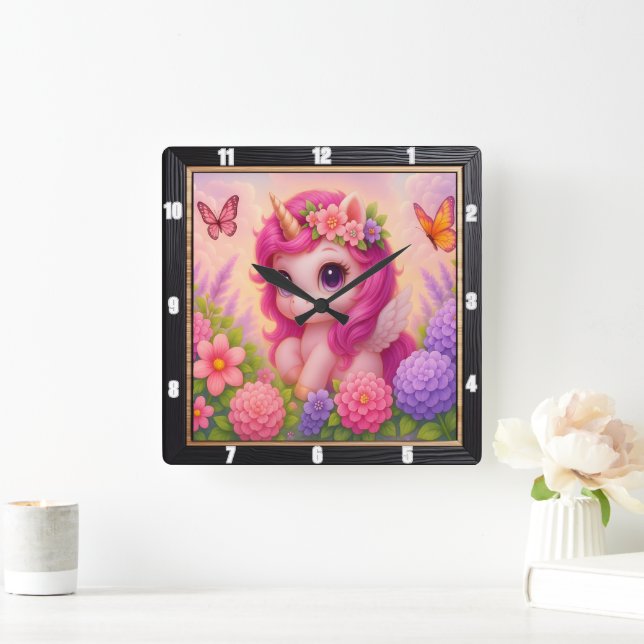 Horloge Carrée Joli Papillon Licorne Rose (Maison)