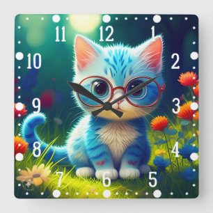 Horloge Carrée Joli petit chaton bleu portant des lunettes-47067