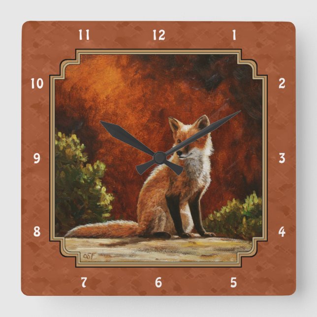 Horloge Carrée Joli Renard Rouge Assis Au Soleil (Recto)