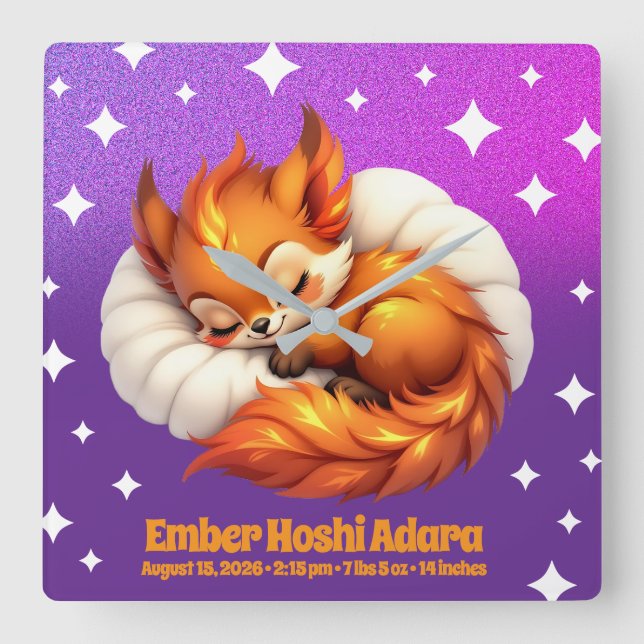 Horloge Carrée Joli Renardeau Endormi dans le Ciel Nocturne Étoil (Recto)