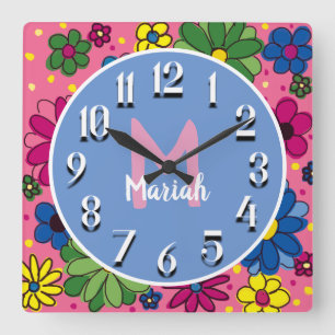 Horloge Carrée Joli rose Bleu Vert Jaune Floral Monogramme