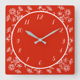 Horloge Carrée Joli Rouge Blanc Floral Design Décor Design