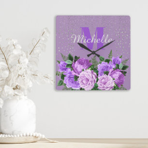 Horloge Carrée Joli violet Floral Parties scintillant argent Mono
