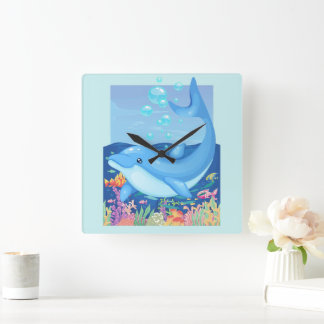 Horloge Carrée Jolie bulle dauphin Vie marine