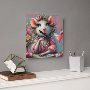 Horloge Carrée Jolie dame de Rat ayant un Martini Contempler
