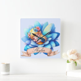 Horloge Carrée Jolie fée endormie rêves doux floraux fantaisistes