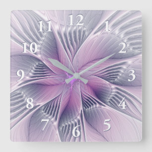 Horloge Carrée Jolie fleur rose moderne art fractal abstrait