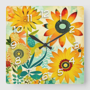 Horloge Carrée Jolie folk Art Fleurs Jaunes