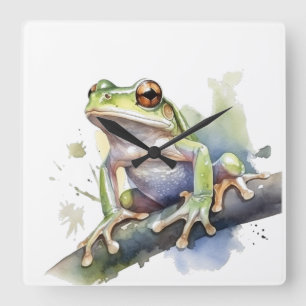 Horloge Carrée Jolie Grenouille des Arbres à l'Aquarelle